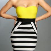 Yellow black and white striped Bandage Bodycon Dress 